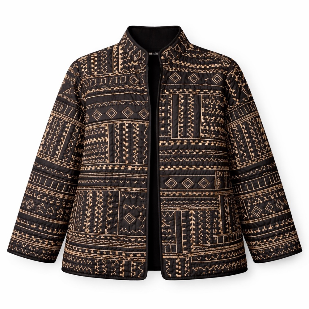 Vintage 90s Alfred Dunner Black‎ Tan Geometric Embroidered Jacket M